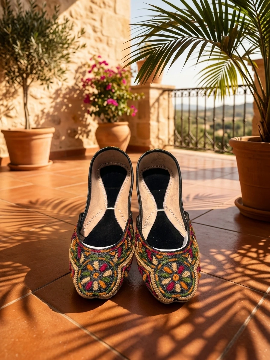 Black Multi Phulkari Hand-Embroidered Khussa - Image 5