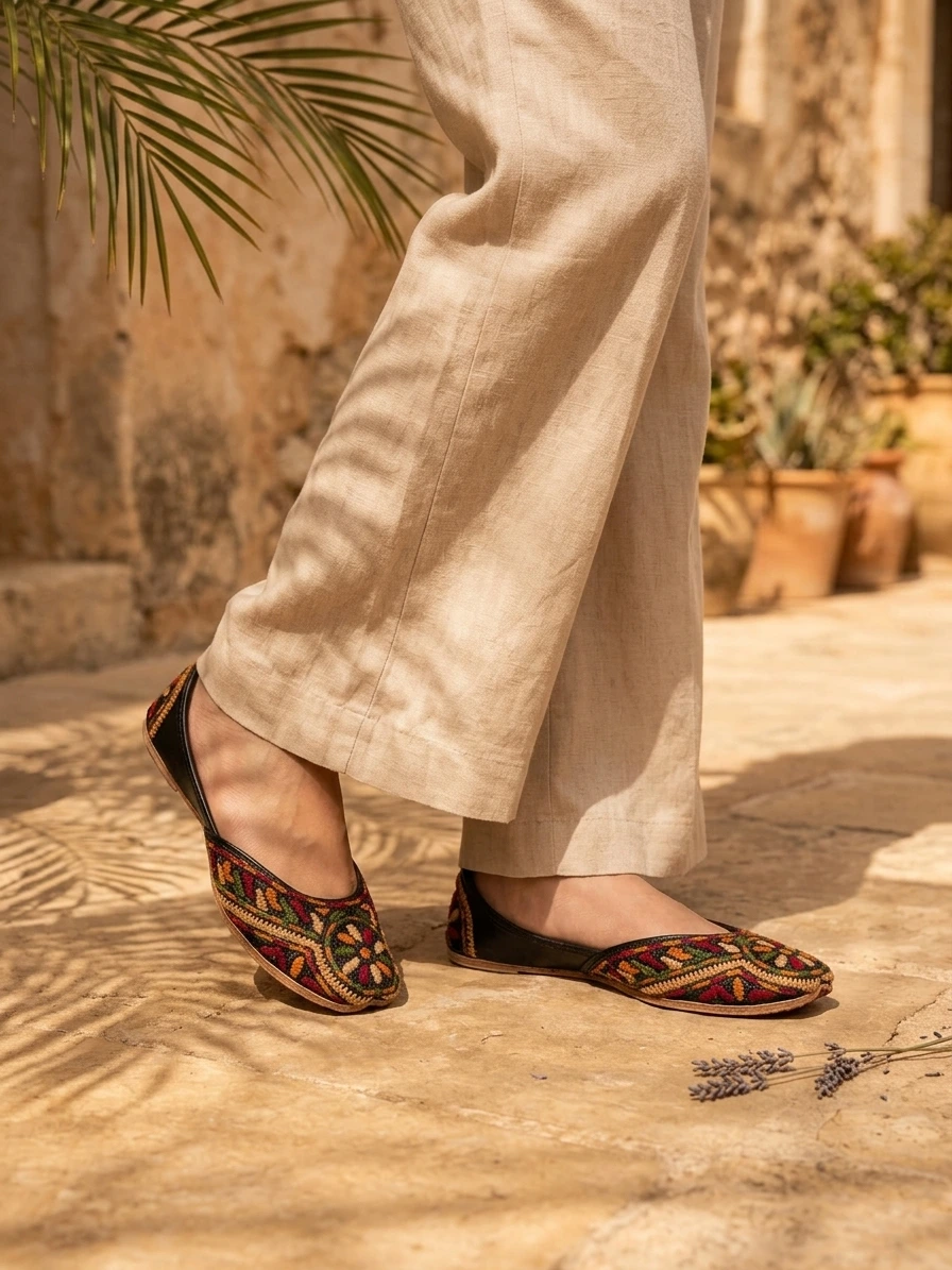 Black Multi Phulkari Hand-Embroidered Khussa - Image 2