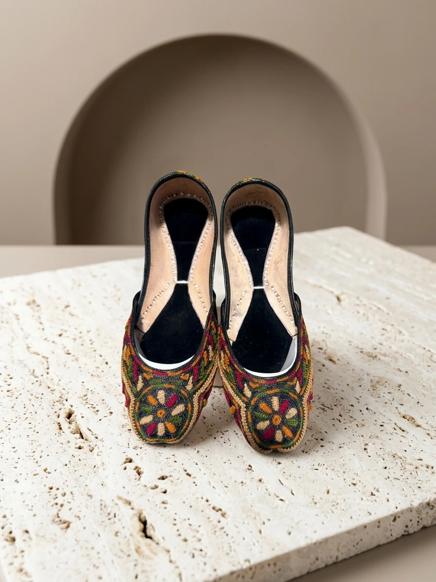 Black Multi Phulkari Hand-Embroidered Khussa