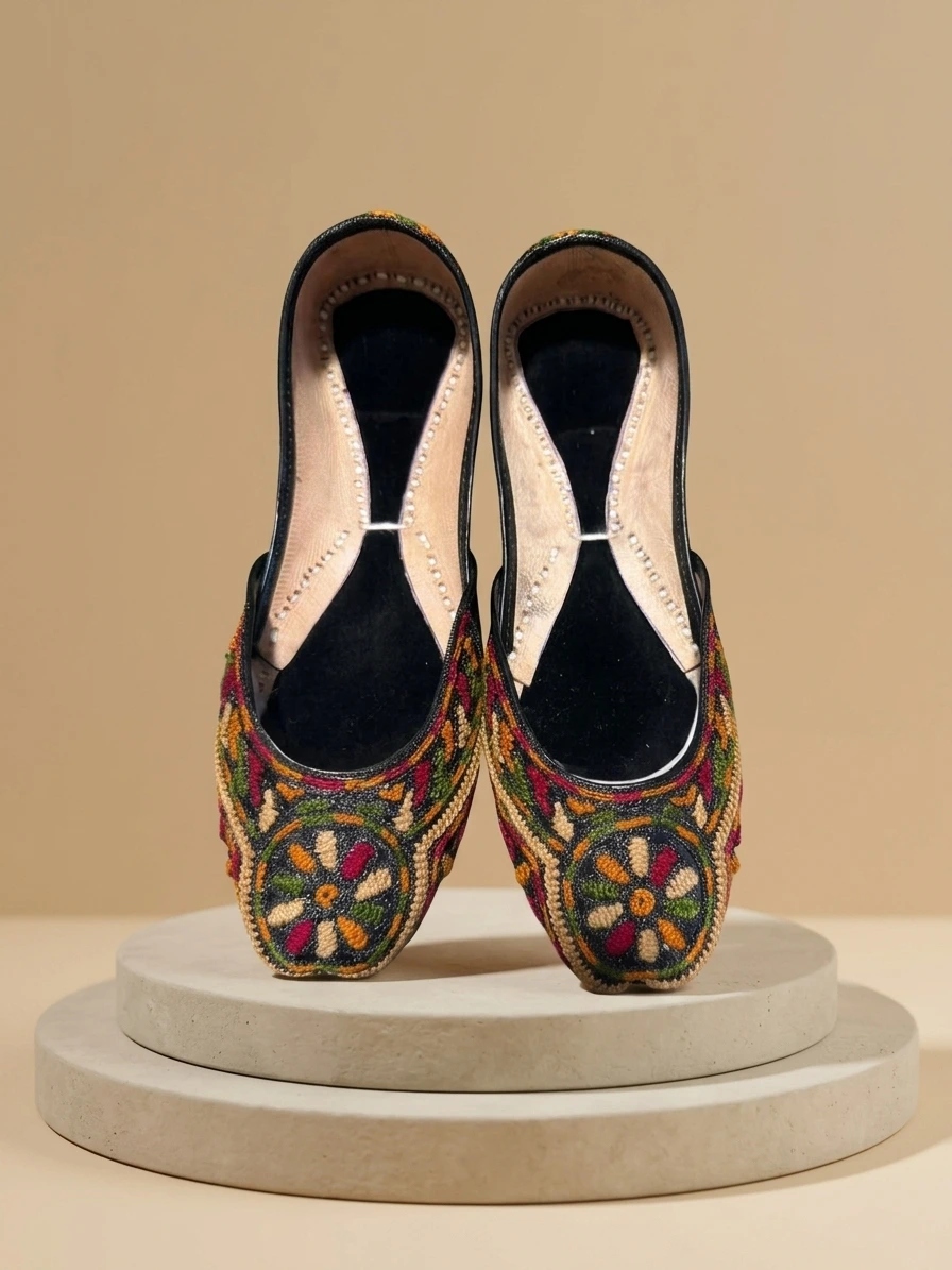 Black Multi Phulkari Hand-Embroidered Khussa - Image 3
