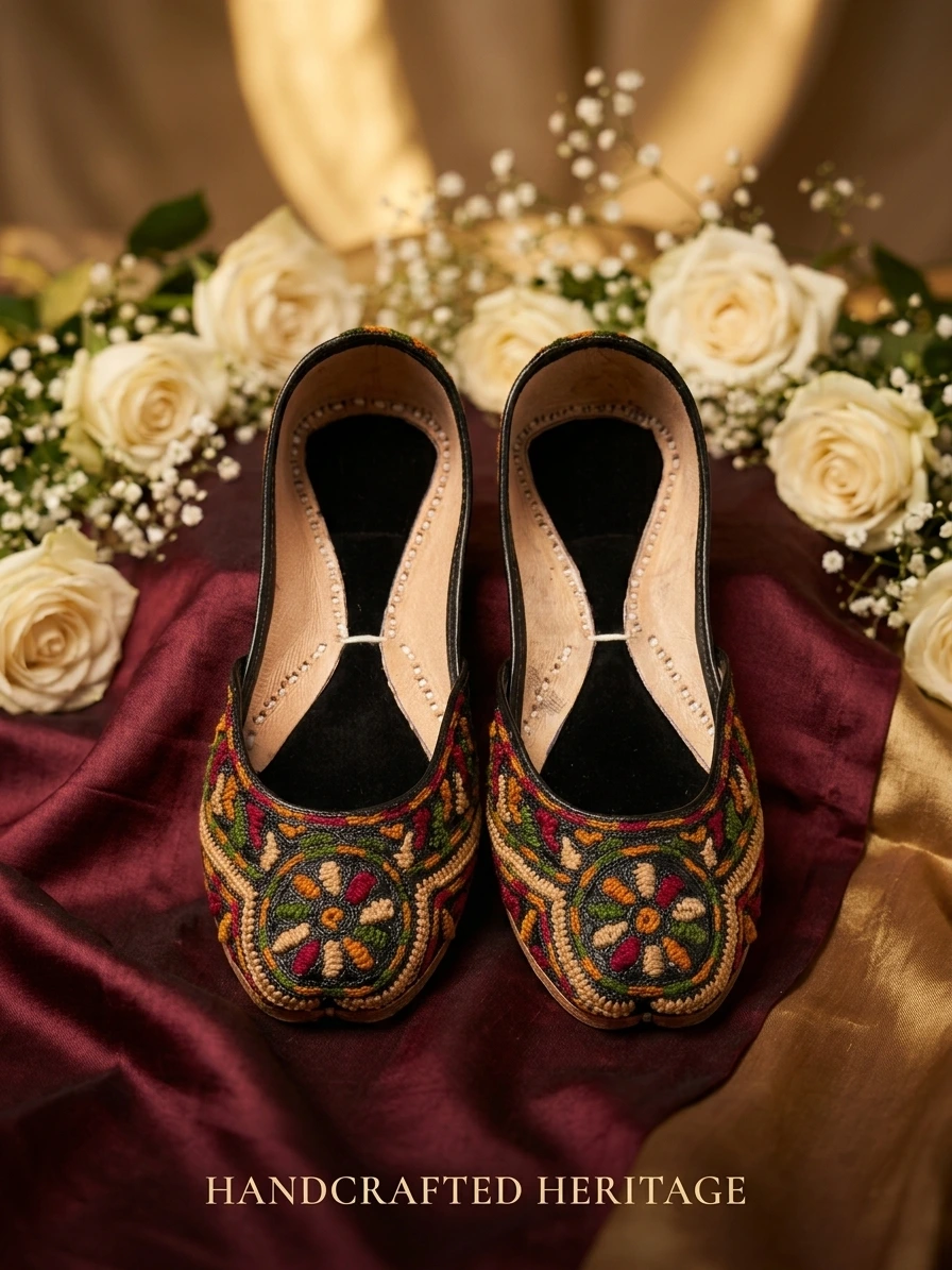 Black Multi Phulkari Hand-Embroidered Khussa - Image 4