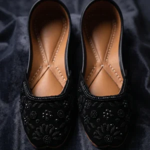 Black Velvet Royale Khussa – Handcrafted Black Bead Embroidered Jutti for Women | Party & Evening Wear