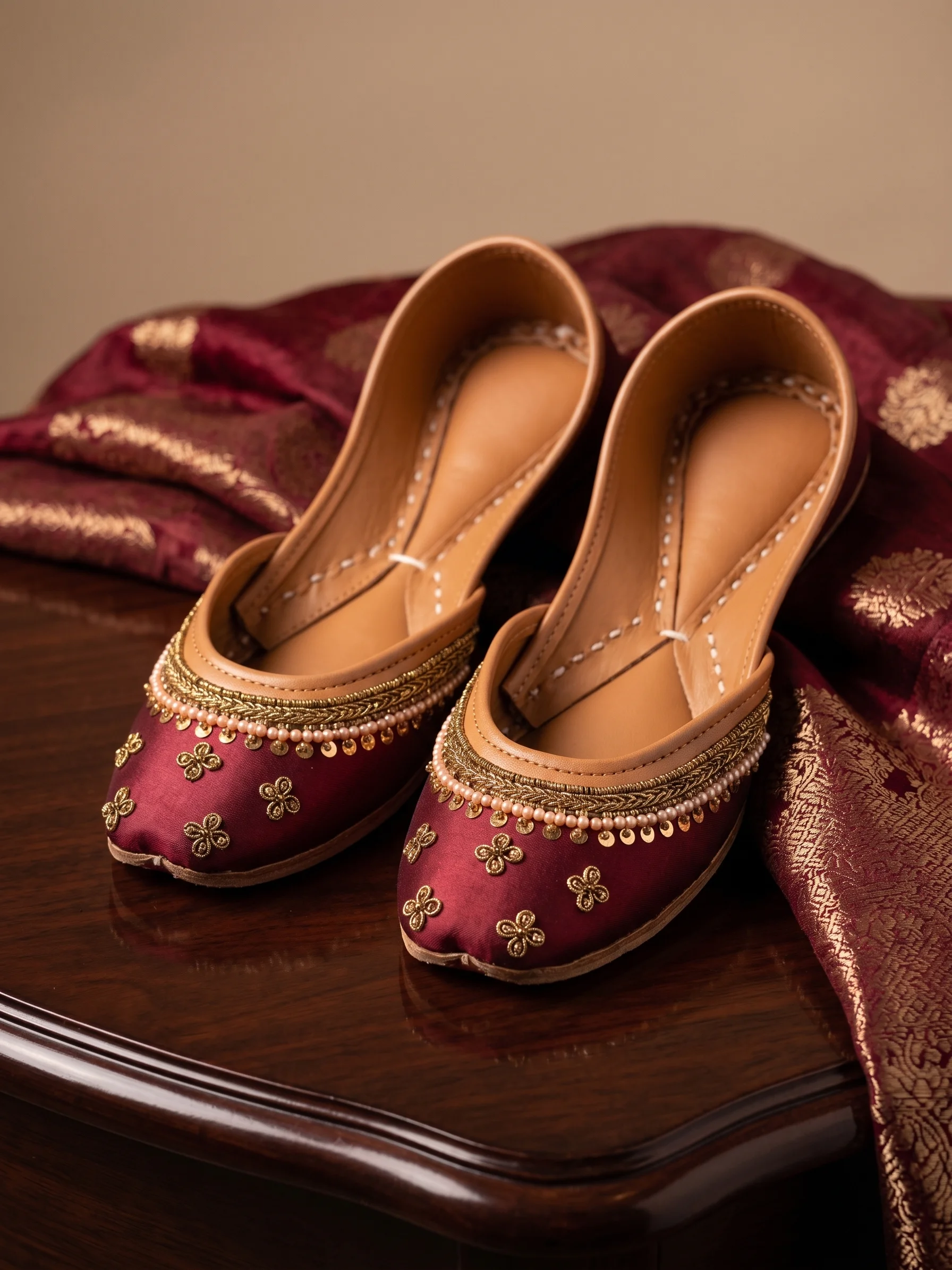 Maroon Sitara Khussa – Handcrafted Gold Embroidered Jutti for Women - Image 3