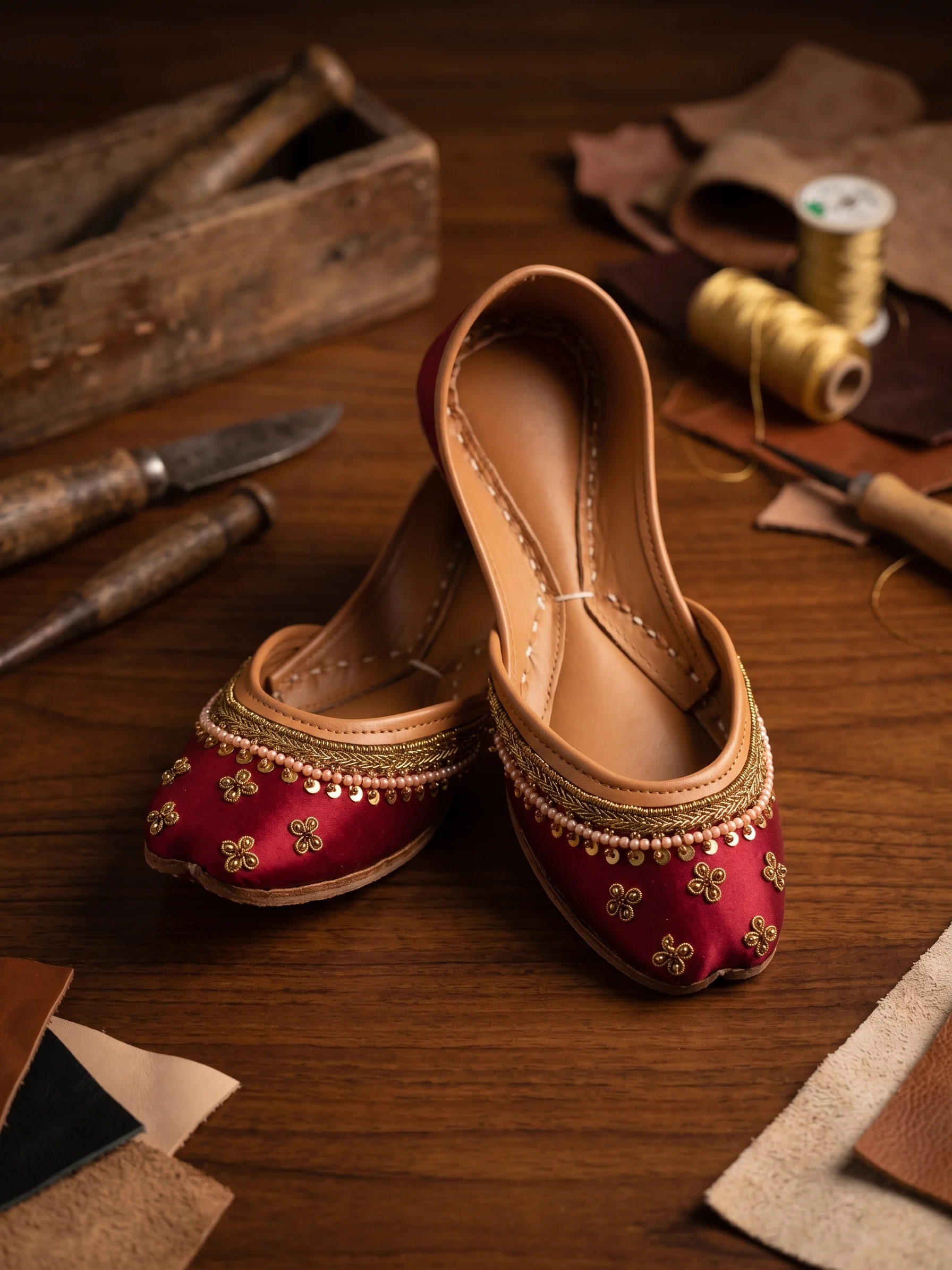 Maroon Sitara Khussa – Handcrafted Gold Embroidered Jutti for Women