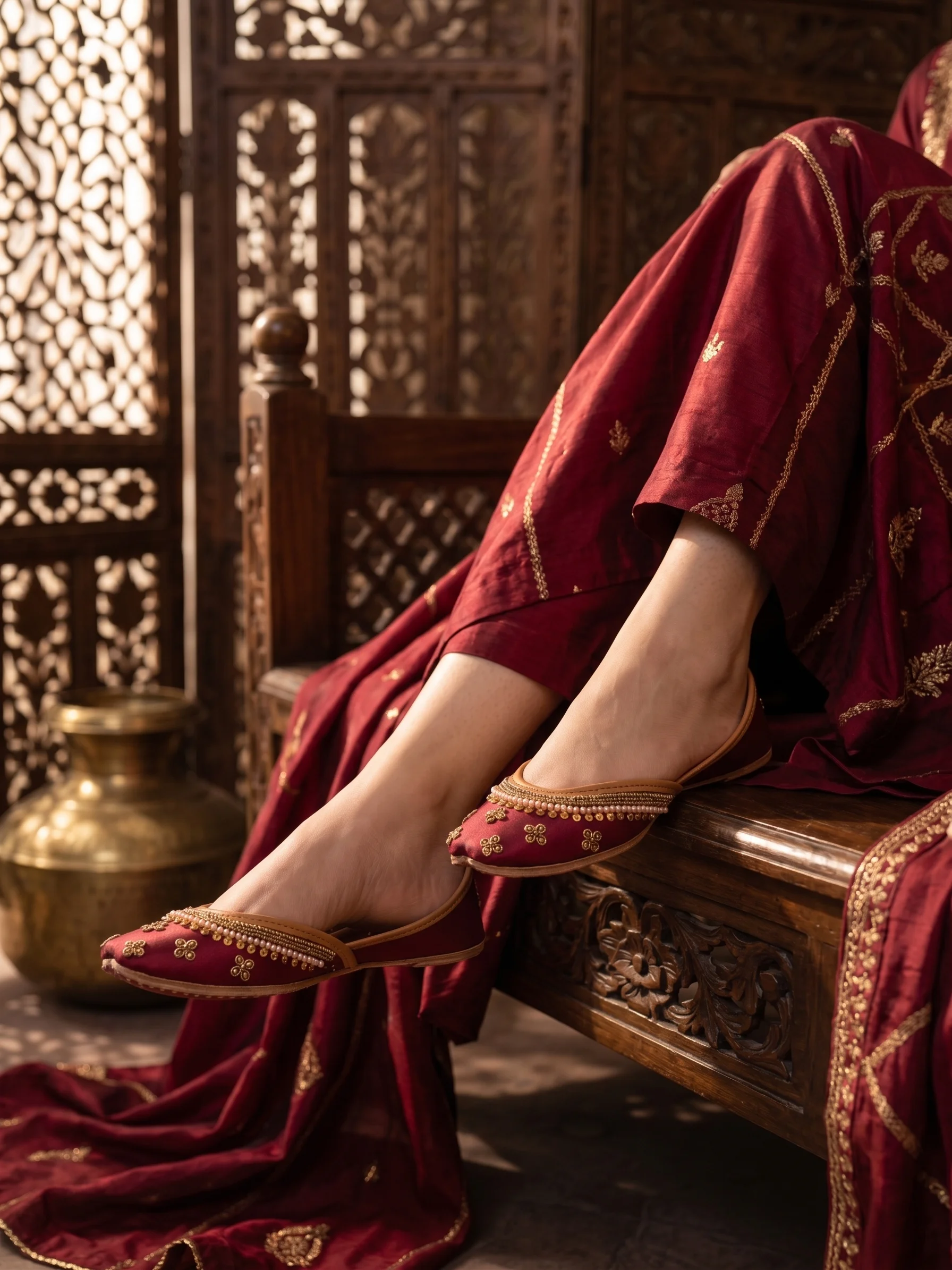 Maroon Sitara Khussa – Handcrafted Gold Embroidered Jutti for Women - Image 2