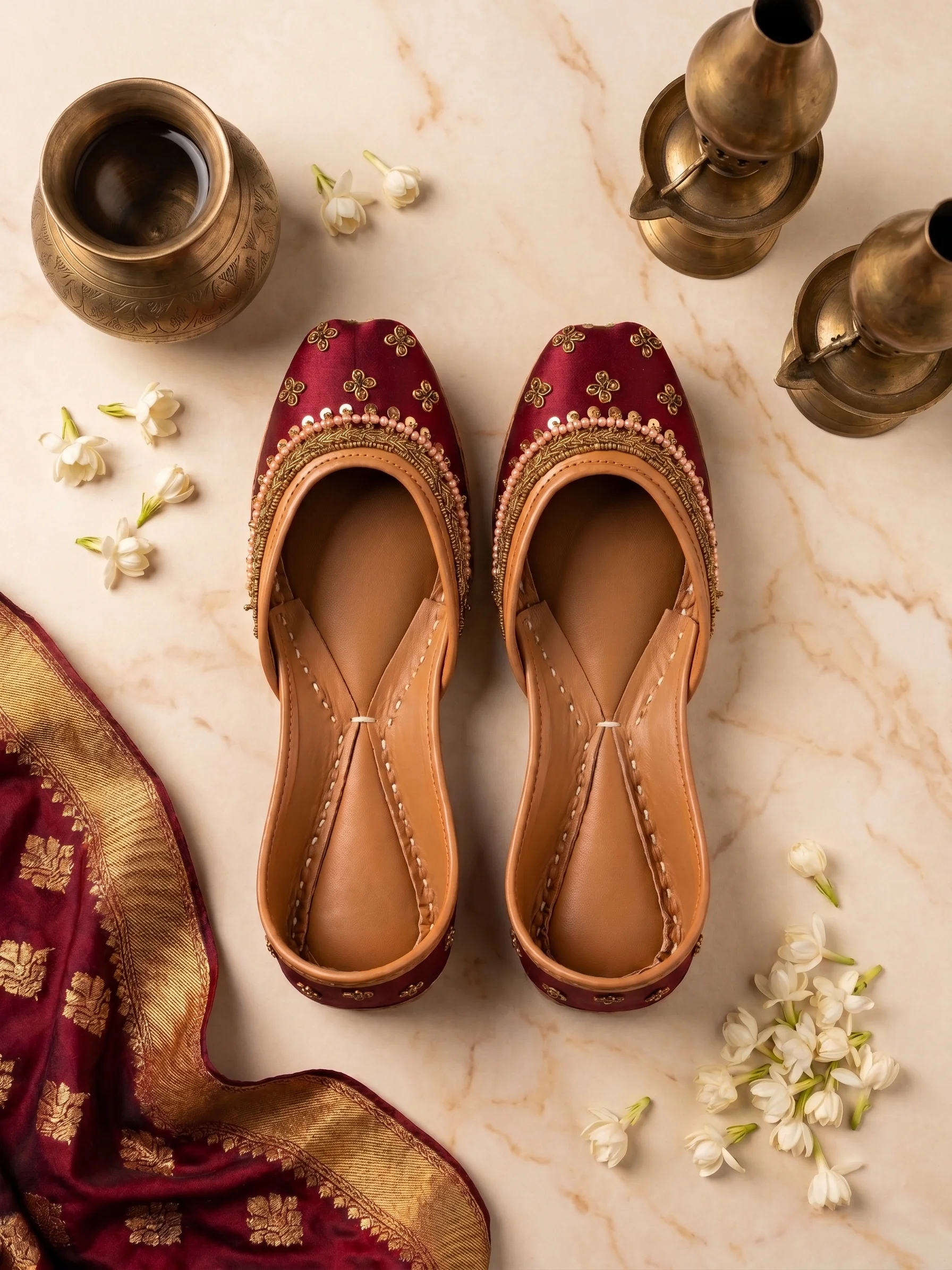 Maroon Sitara Khussa – Handcrafted Gold Embroidered Jutti for Women - Image 5