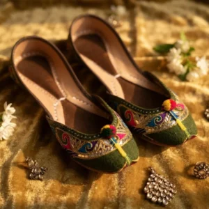 Olive Festive Khussa – Handcrafted Olive Green Embroidered Jutti with Pom-Pom Accent for Women