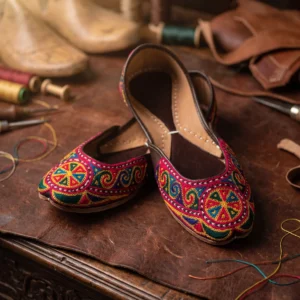 Phulkari Wheel Khussa – Handcrafted Geometric & Swirl Thread Work Jutti for Women | Festive & Casual