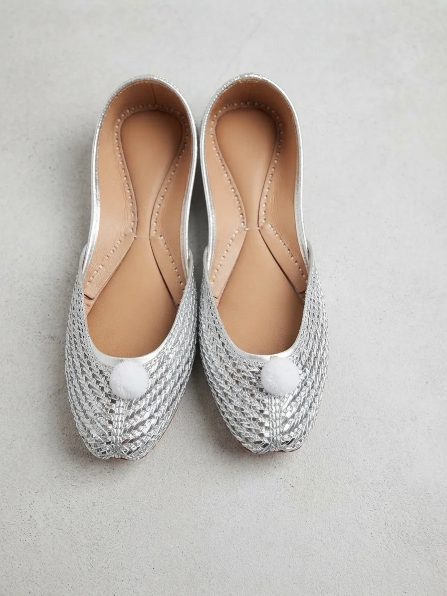 Silver Web Khussa – Handcrafted Metallic Silver Tilla Jutti with Pom Pom Accent for Women - Image 3