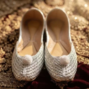 Silver Web Khussa – Handcrafted Metallic Silver Tilla Jutti with Pom Pom Accent for Women