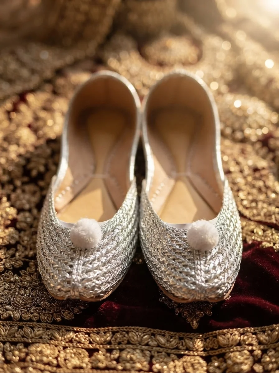 Silver Web Khussa – Handcrafted Metallic Silver Tilla Jutti with Pom Pom Accent for Women