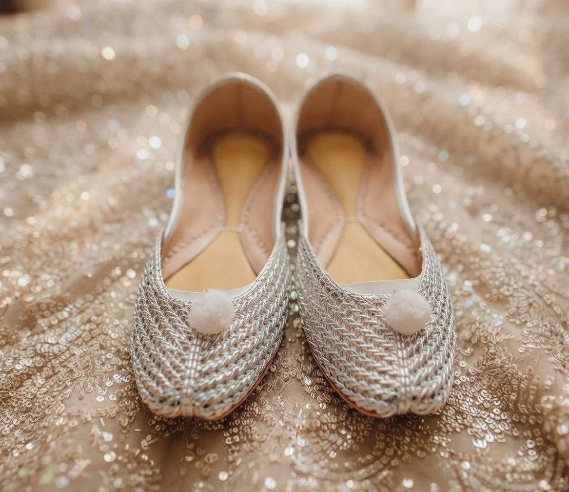 Silver Web Khussa – Handcrafted Metallic Silver Tilla Jutti with Pom Pom Accent for Women - Image 4