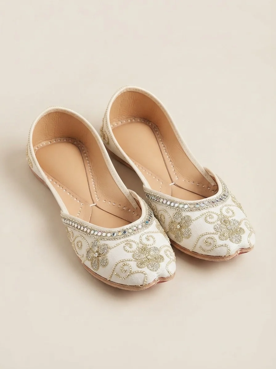 White Zari Grace Khussa – Handcrafted Gold Floral Tilla & Mirror Work Jutti for Women | Bridal & Nikah Wear