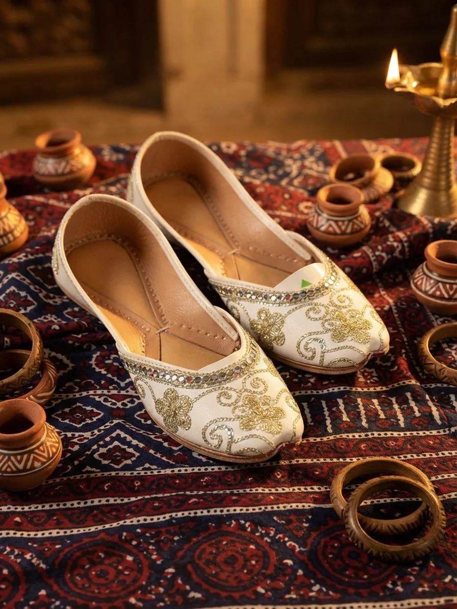 White Zari Grace Khussa – Handcrafted Gold Floral Tilla & Mirror Work Jutti for Women | Bridal & Nikah Wear - Image 5