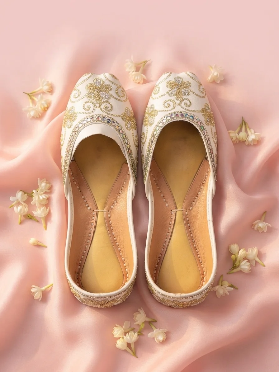 White Zari Grace Khussa – Handcrafted Gold Floral Tilla & Mirror Work Jutti for Women | Bridal & Nikah Wear - Image 2