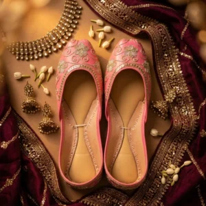 Pink Zari Grace Khussa – Handcrafted Gold Floral Embroidered Jutti for Women | Festive & Bridal Wear