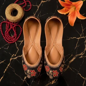 Black Velvet Royale – Handcrafted Floral Embroidered Khussa for Women