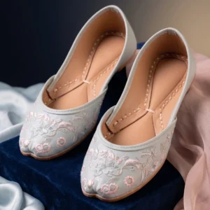 Blue Bloom – Handcrafted Light Blue Floral Embroidered Khussa for Women