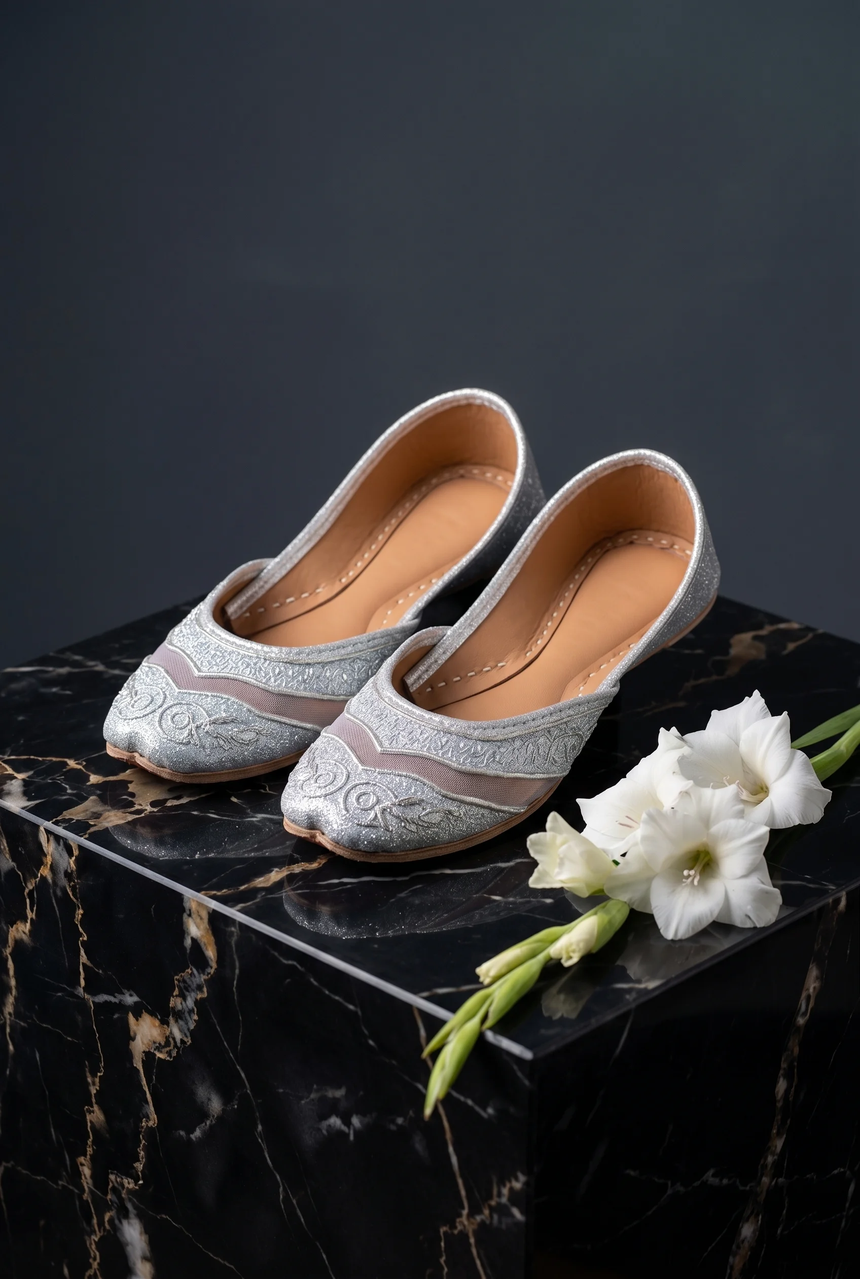Chandi Zari Royale – Handcrafted Silver Embroidery Khussa for Women - Image 4