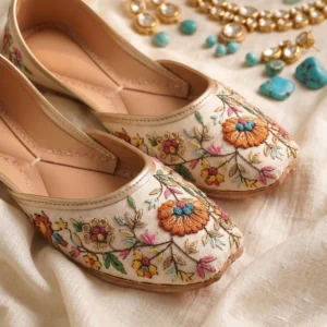 Ivory Meadow – Handcrafted Floral Embroidered Khussa for Women