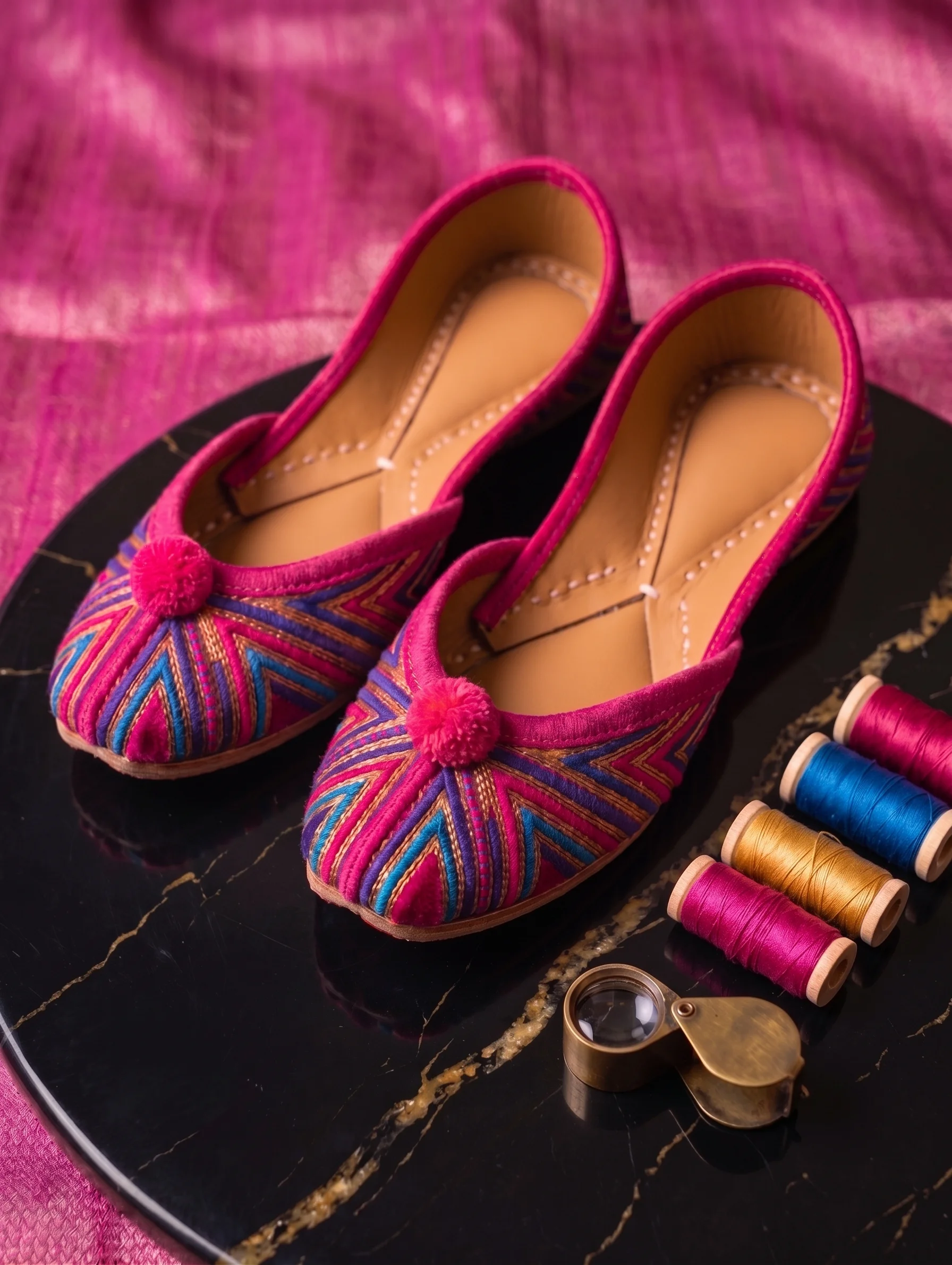 Magenta Aura – Handcrafted Multi-Color Phulkari Embroidered Khussa for Women