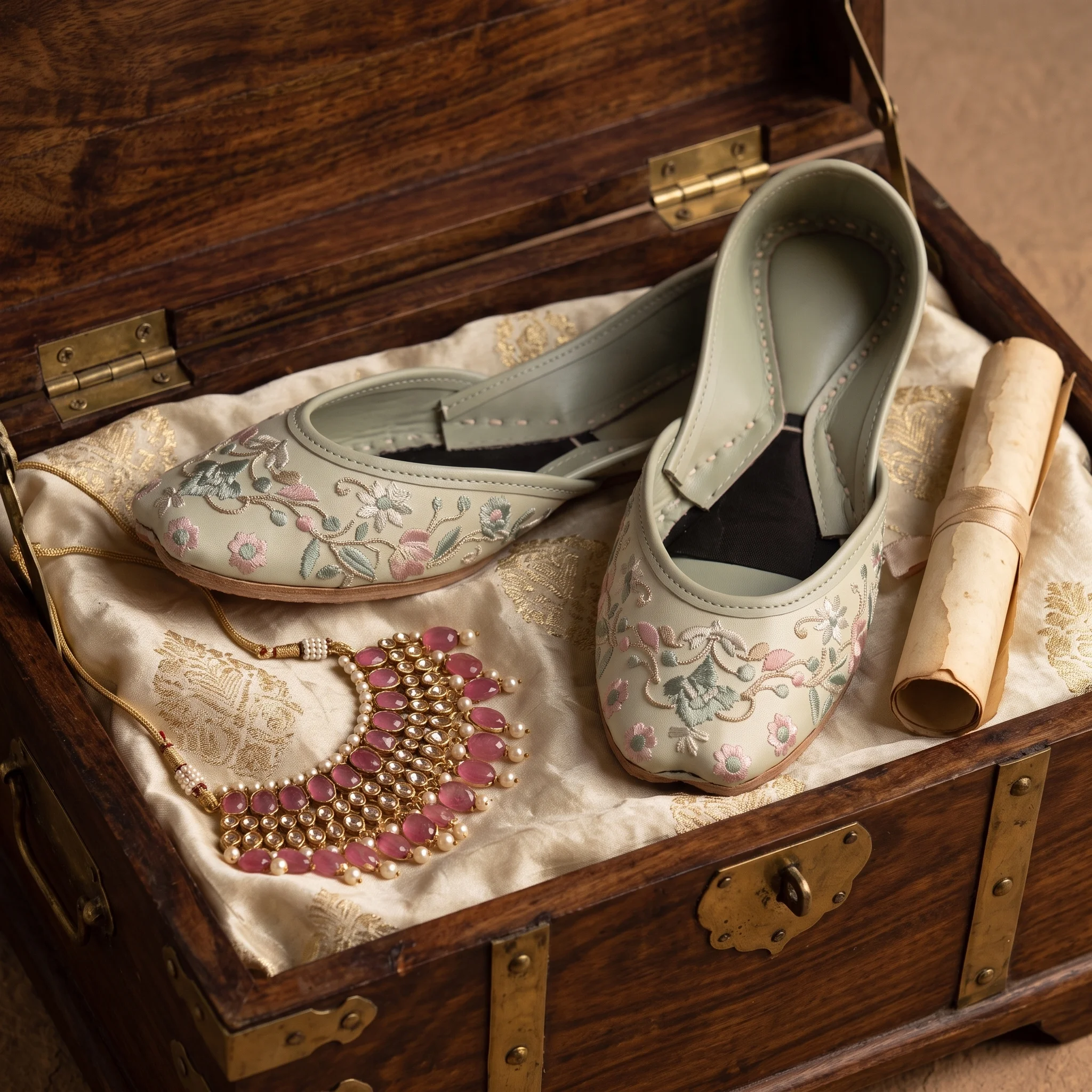 Pistachio Bloom – Handcrafted Floral Embroidered Khussa for Women - Image 2