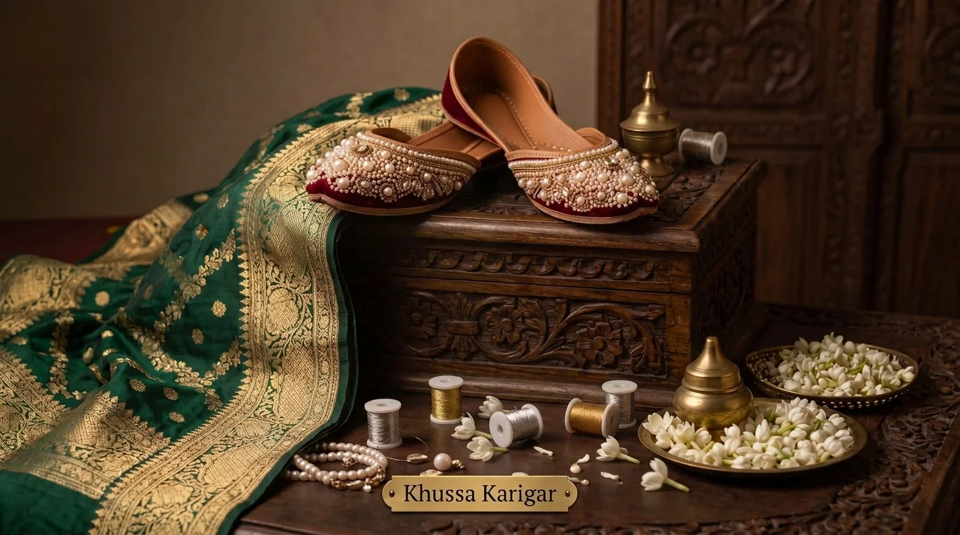 Red hand-embroidered Khussa with gold accents and sequins