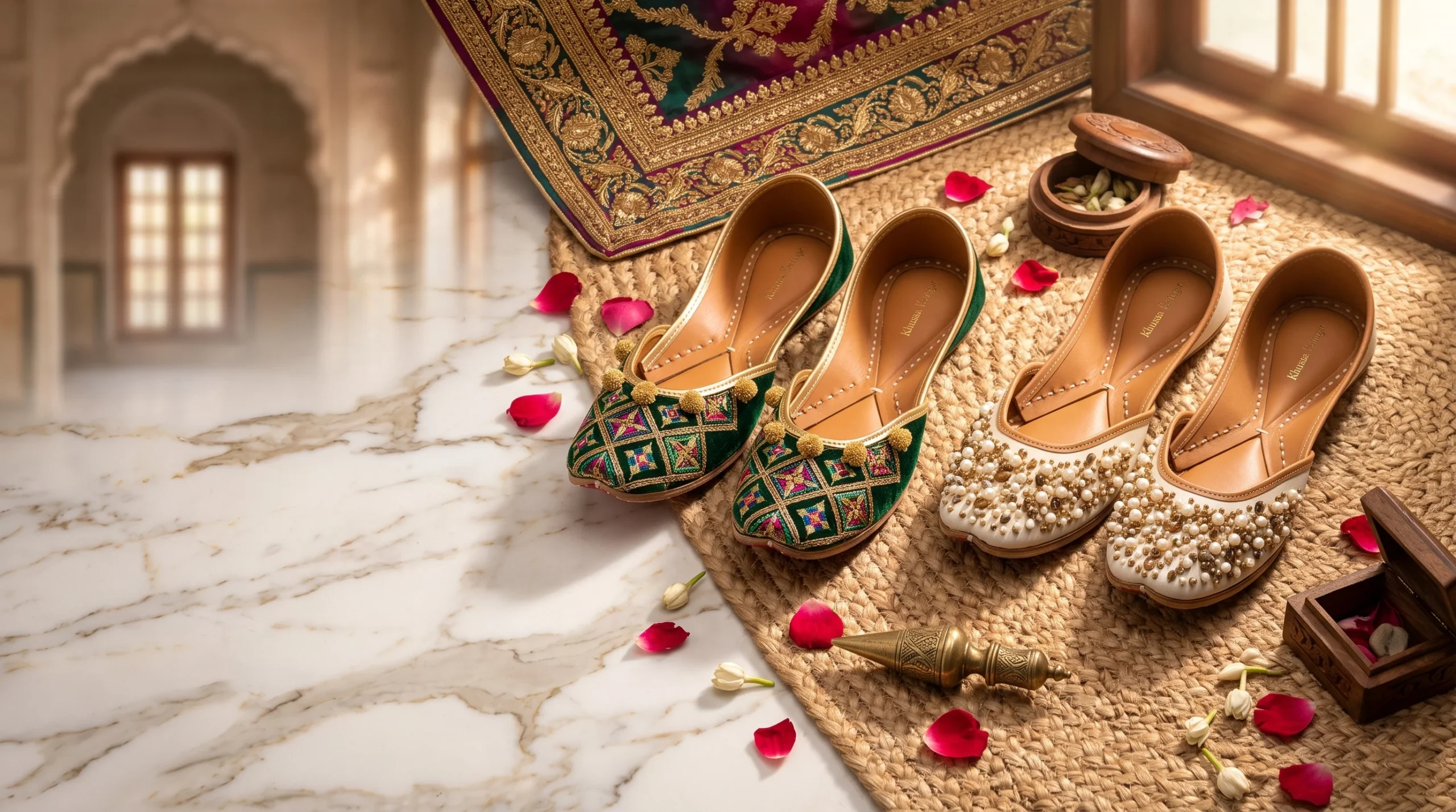Ornate white and gold hand-embroidered Khussa